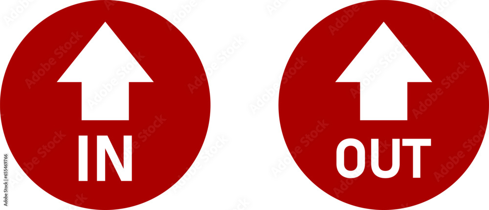Poster red and white in and out round warning direction info sticker badge icon with an arrow and text. vec