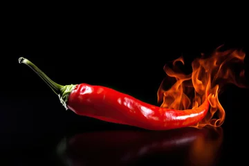 Poster Red chili pepper close-up in a burning flame on a black © Marat