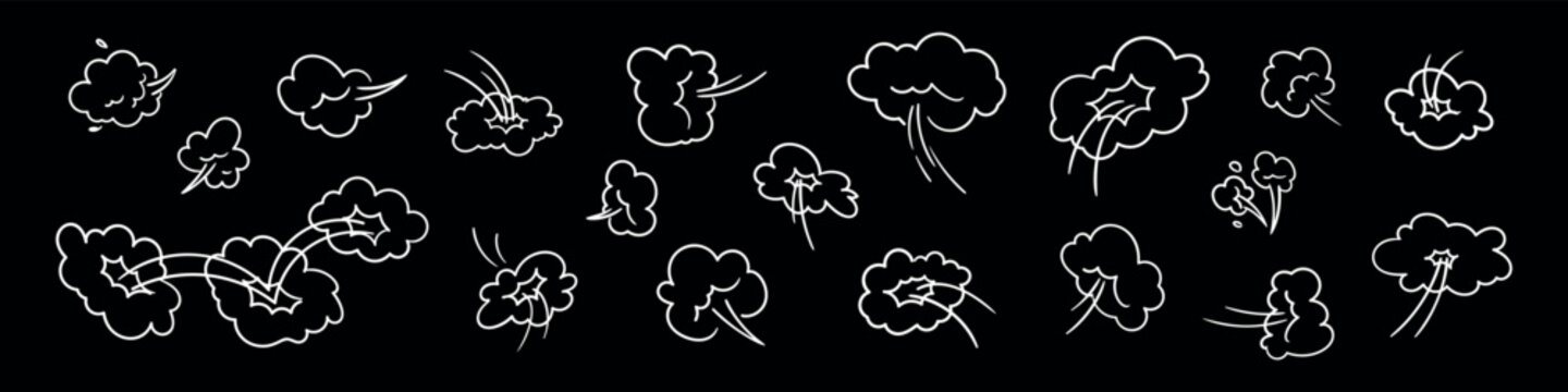 Comic style doodle set action effects jump, poof, whoosh and smoke. motion lines, wind, and icons for speed, throw, and punch. Flat vector illustration isolated