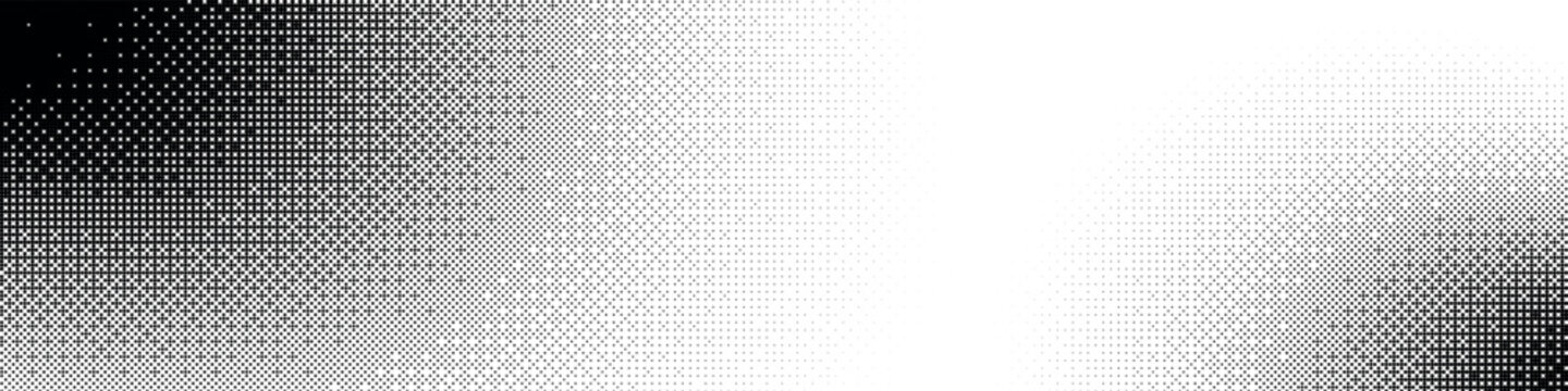 Halftone pattern background with gradient transition, comic style dots and pixelated squares. Texture grain, grit, and old grunge noise elements. Flat vector illustration isolated