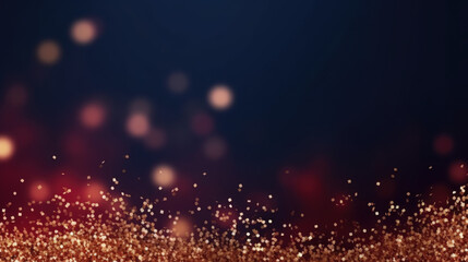 Abstract background with dark blue and gold particles. Navy blue background with golden light shining through Gold & Red particles. Bokeh effect. Holiday-themed