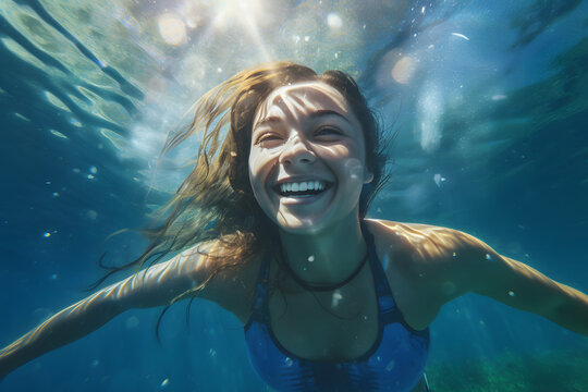 Girl diving with happy expression underwater