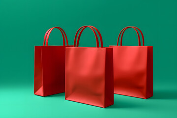 Red Christmas shopping paper bags on green background, shopping concept