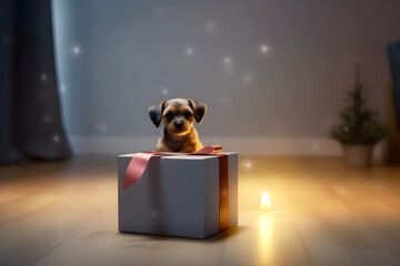 Puppy coming out of a gift box at Christmas, adoption concept - obrazy, fototapety, plakaty