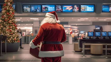 Santa Claus at the airport, missing flights at Christmas - obrazy, fototapety, plakaty