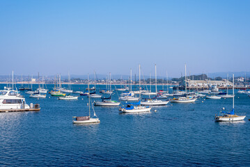 Monterey Bay, California with city and sailboats