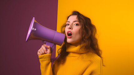Portrait of young woman shouting through megaphone on yellow and purple background advertising...
