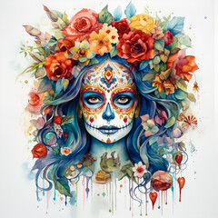 Colorful Day of the Dead skull with floral crown and blue hair.