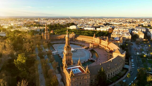 4k Aerial view of Plaza de Espana at sunrise in Seville, Spain.