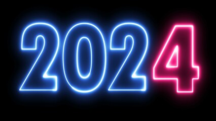 2024 text font with neon light. Luminous and shimmering haze inside the letters of the text Happy New Year 2024. 2024 Chirstmas.