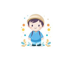 Cute little kid with backpack and feel happy illustration 