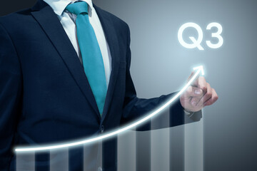 Businessman in suit drawing business growth data chart with diagram, report on company investment...