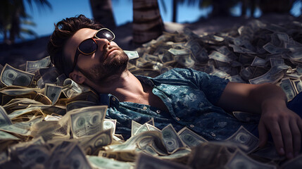 Rich man in sunglasses and beard relaxing on an island beach, covered in money. Financial freedom or passive income concept - obrazy, fototapety, plakaty