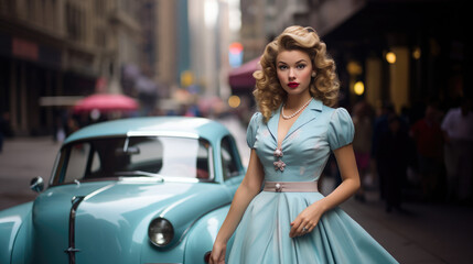 Fototapeta na wymiar Generative AI, beautiful young woman dressed in 50s retro style with stylish hair stands on the street of old new york with cars, vintage fashion, feminine girl, designer dress, skirt, pin up