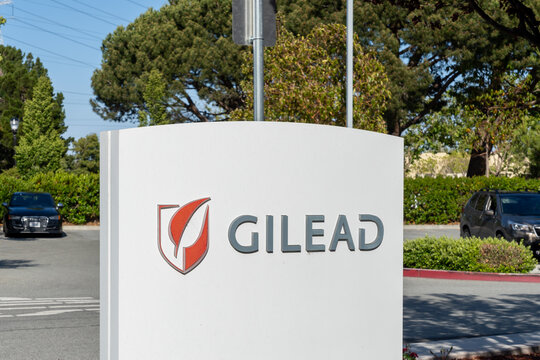 Close up of Gilead Sciences sign at their headquarters campus in Foster City, California, USA - June 7, 2023. Gilead Sciences, Inc. is an American biopharmaceutical company.