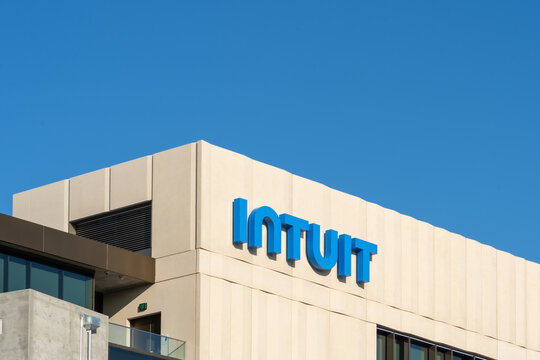 Close up of Intuit sign on the building at its headquarters in Mountain View, California, USA - June 7, 2023. Intuit Inc. is an American business software company.