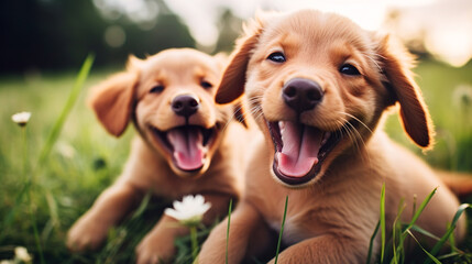 笑顔がかわいい子犬のツーショット