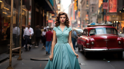 Generative AI, beautiful young woman dressed in 50s retro style with stylish hair stands on the street of old new york with cars, vintage fashion, feminine girl, designer dress, skirt, pin up