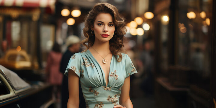 Generative AI, beautiful young woman dressed in 50s retro style with stylish hair stands on the street of old new york with cars, vintage fashion, feminine girl, designer dress, skirt, pin up