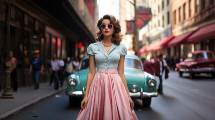 Generative AI, beautiful young woman dressed in 50s retro style with stylish hair stands on the street of old new york with cars, vintage fashion, feminine girl, designer dress, skirt, pin up - obrazy, fototapety, plakaty