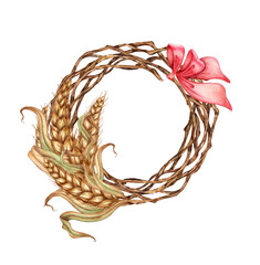Watercolor illustration of a wreath of ripe dried wheat leaves and twigs with a red bow. Round frame isolated on white background. For menus, banners, poster printing, recipes, labels packaging design