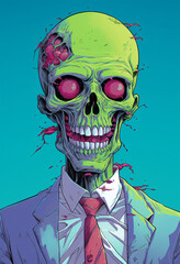 An illustration of a zombie head with a tie and eyes, in the style of colorful moebius.