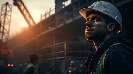 Cinematic construction site worker with safety helm looking at the building under construction