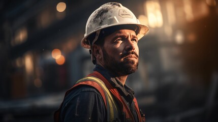 Cinematic construction site worker with safety helm looking at the building under construction