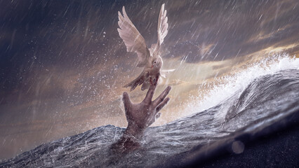 Drowning hand reaching out Holy Spirit pigeon in ocean storm. - obrazy, fototapety, plakaty