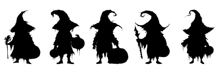 Set of silhouettes of Halloween evil characters holding pumpkin lanterns. Scary character in a witch's hat and black cloak with a scary face. Vector isolated illustration 