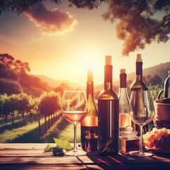 Wine Tasting Outdoors: A Beautiful Ensemble of Bottle and Glass Surrounded by Nature's Splendor.