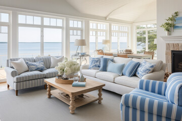 A Coastal Cottage Haven with a Breezy Living Room Interior: Serenity by the Sea, where natural light and comfortable sea-inspired furnishings create a cozy