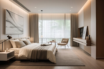 Fototapeta premium A Captivating Bedroom Interior with Exquisite Contemporary Accents: Crafting Serenity in Modernity through Sleek Furniture, Clean Lines, and a Sophisticated Color Palette.
