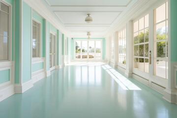 Aqua Colored Hallway Interior: Serene and Tranquil, Filled with Natural Light Streaming Through Large Windows, Creating a Stylish, Minimalist, and Refreshing Ambiance.