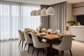 Elegantly minimalistic dining room interior, emphasizing clean lines, sleek furniture, and neutral colors, creates a serene ambiance of timeless sophistication and inviting calmness