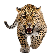 Leopard in Dynamic Pose Running and Jumping. Isolated on Transparent or White Background, PNG