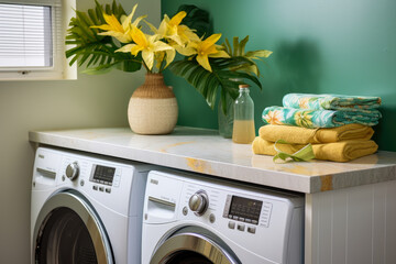 Transform Your Laundry Room into a Tropical Oasis with Vibrant Greenery, Floral Accents, and Stylish Storage Solutions
