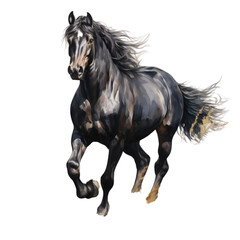 Graceful Black Horse in Meadow Isolated on Transparent or White Background, PNG
