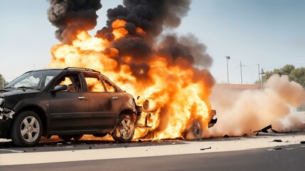 自動車事故。 炎が車両を包み込む｜car accident. flames engulf the vehicle. Generative AI - obrazy, fototapety, plakaty