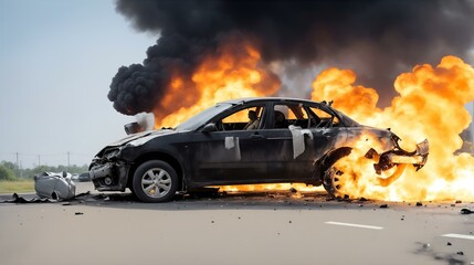 自動車事故。 炎が車両を包み込む｜car accident. flames engulf the vehicle. Generative AI - obrazy, fototapety, plakaty