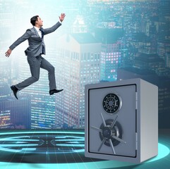 Businessman jumping from safes in business concept
