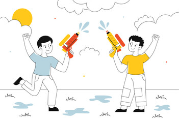 Children playing with water guns vector line