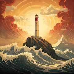 Keuken spatwand met foto 3d illustration lighthouse sea watercolor artwork © MaggooArts