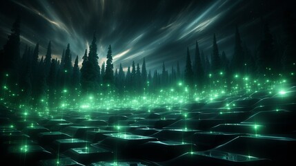 An abstract illustration of green waving lines and lights. Generative AI. 