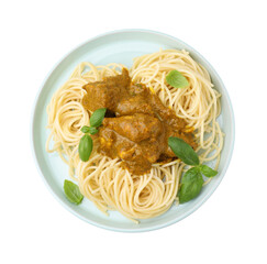 Delicious pasta and chicken with curry sauce isolated on white, top view