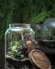 Glass jar with small decorative natural plants. Beautiful terrarium