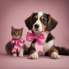 Fototapeta na wymiar photography of cat and dog, supporting the fight against breast cancer