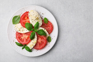 Plate of delicious Caprese salad with herbs on light grey table, top view. Space for text