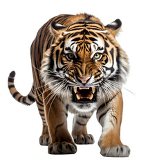 Obraz premium Lifelike Portrayal of a Fierce Bengal Tiger Isolated on Transparent or White Background, PNG