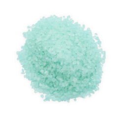 Heap of turquoise sea salt isolated on white, top view